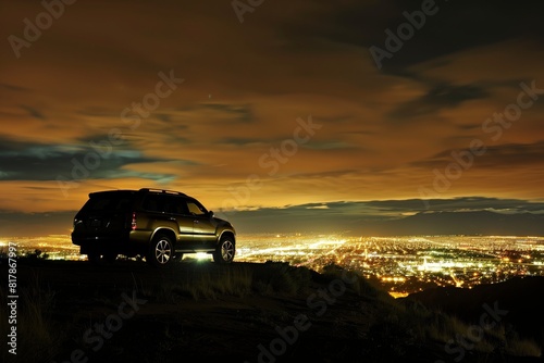 A car parked on a hill overlooking a brightly lit cityscape at night  with a dramatic  cloud-filled sky.