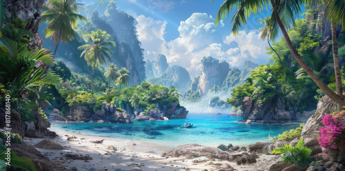 A detailed painting of a tropical landscape featuring lush trees and reflective water  capturing the essence of a vibrant and diverse ecosystem
