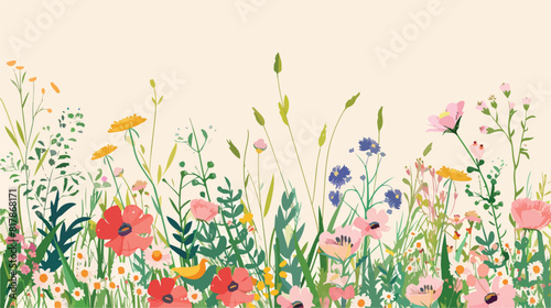 Floral card with wild flowers field plants grass