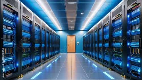 A parallel row of servers, adorned in electric blue, fills a technology-driven data center hallway with a symmetrical display of power
