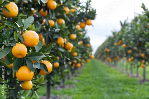 A vibrant orange orchard with rows of orange trees bearing ripe fruit, stretching into the distance under a bright sky.