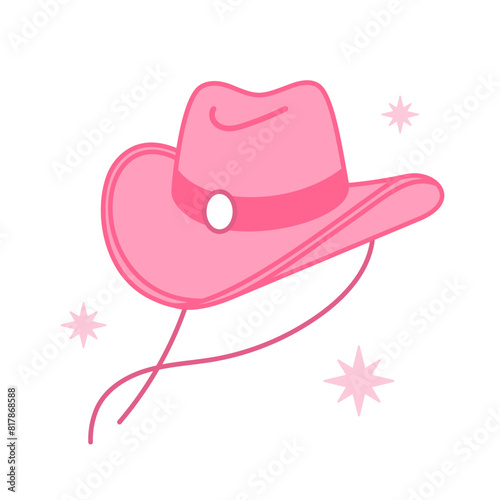 Pink core Cowboy hat. Cowboy western and wild west theme concept. Hand drawn vector illustration. Doodle icon. Pink cowgirl hat
