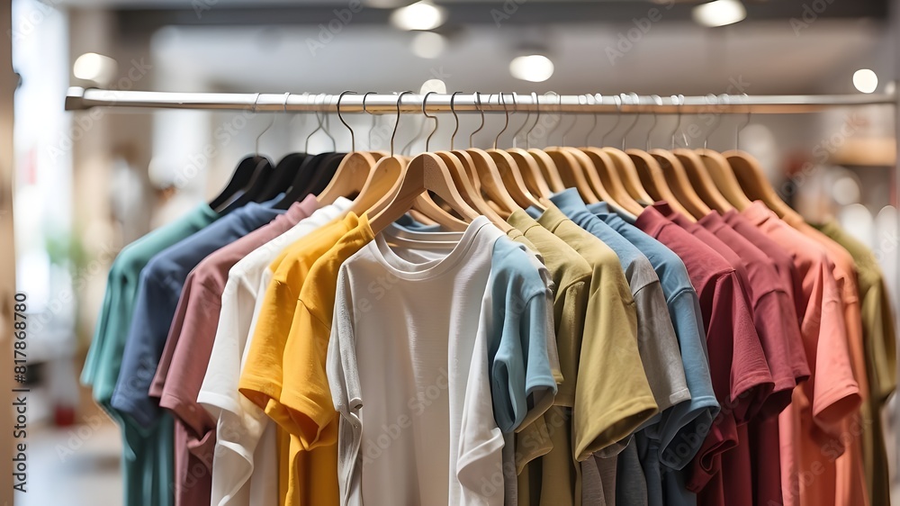Store interior blur, basic t-shirts hanging on a hanger in various colors. Store interior blur, basic t-shirts hanging on a hanger in various colors.