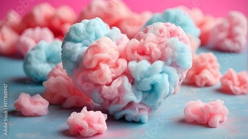 Cotton candy in the shape of a colorful heart with a pastel backdrop. Cute cotton candy in closeup  symbolizing passion and love. Lovely  romantic backdrop for Valentine s Day. Flat Lay  Top View  Fro