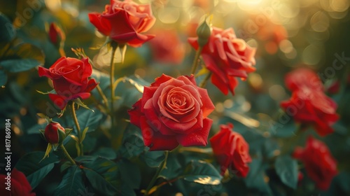 A bed of radiant red roses basking in the warm, golden light of the setting or rising sun, giving the flowers a dreamy aesthetic