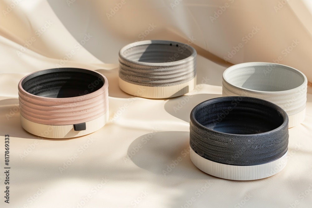 A set of four modern, textured ceramic bowls in different colors including pink, gray, white, and black, arranged elegantly on a soft beige fabric. A set of four modern, textured ceramic bowls in different colors including pink, gray, white, and black, arranged elegantly on a soft beige fabric.