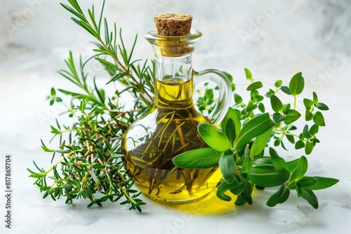 Glass bottle of olive oil infused with fresh herbs like rosemary, thyme, and sage, displayed on a light background.