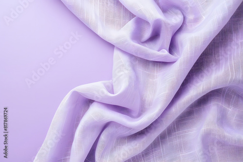 A detailed mockup of a blank fabric swatch on a solid pastel purple background 