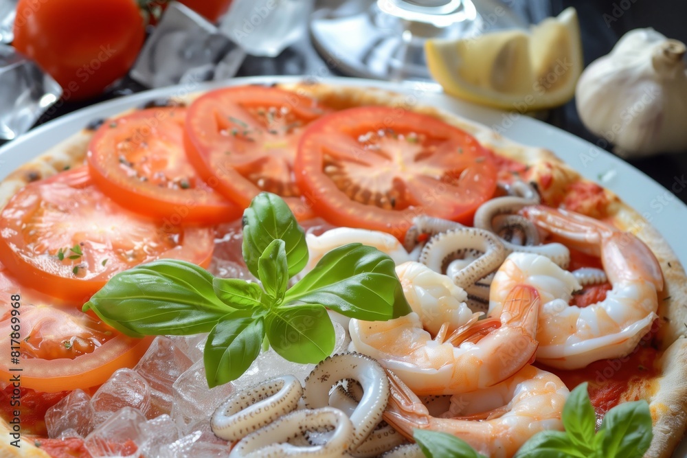 Gourmet seafood pizza topped with fresh tomatoes, shrimp, calamari, basil leaves, and ice cubes for freshness, garnished with garlic and lemon. Gourmet seafood pizza topped with fresh tomatoes, shrimp, calamari, basil leaves, and ice cubes for freshness, garnished with garlic and lemon.