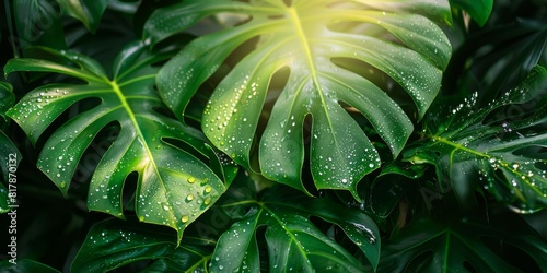 Monstera leaves with raindrops, sunlight, natural background of green leaves of tropical plants. Banner
