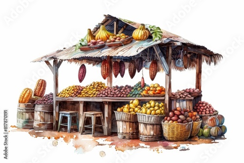 Bustling Cocoa Market Vendors Selling Cocoa Beans, Products and Related Items Watercolor Wall Art