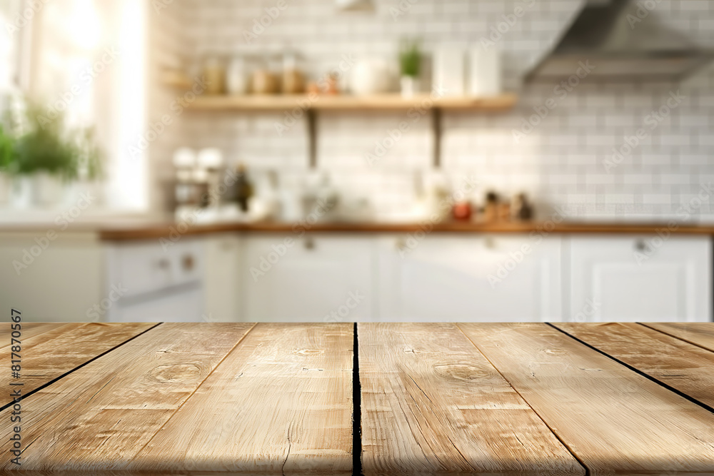 Empty Beautiful wood table top and blur bokeh modern kitchen interior background in clean and bright Empty Beautiful wood table top and blur bokeh modern kitchen interior background in clean and bright