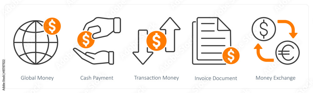 A set of 5 Shopping icons as global money, cash payment, transaction money A set of 5 Shopping icons as global money, cash payment, transaction money