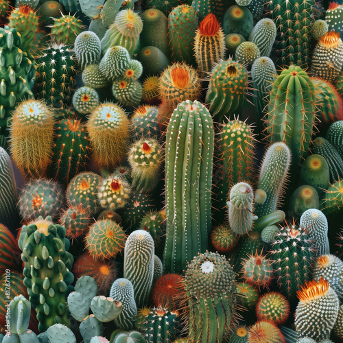 Fondo con detalle y textura de multitud de cactus con tonos verdes y anaranjados