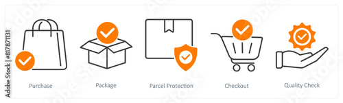 A set of 5 Shopping icons as purchase, package, parcel protection