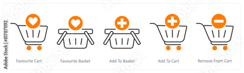 A set of 5 Shopping icons as favorite cart, favorite basket, add to basket