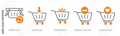 A set of 5 Shopping icons as update cart, add to cart, shopping cart
