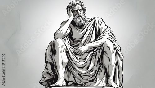 statue of a Greek philosopher in contemplation, isolated white background, line art style
 photo