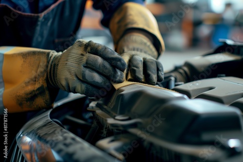 Close-up of a mechanic's hands wearing gloves, sanding or polishing a car engine component in an auto repair shop.