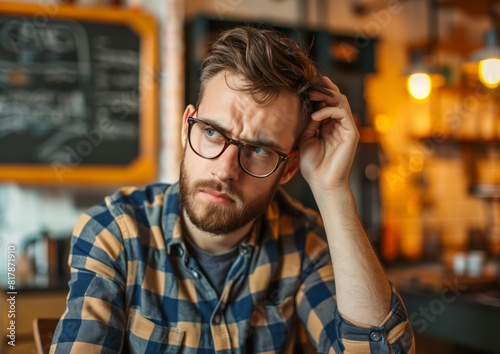 Pensive Young Man in Glasses with Scruffy Beard Thinking in Cafe