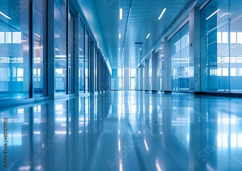 Modern Office Building Corridor with Glass Walls and Reflective Floor