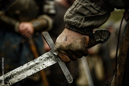 Close-up of a medieval warrior's hand gripping a sword, showcasing detailed armor and a dirt-stained gauntlet, with a blurred background of fellow fighters.