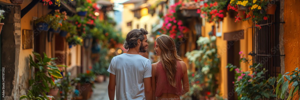 Obraz premium A romantic couple embraces affectionately on a summer evening in the city, expressing their love.