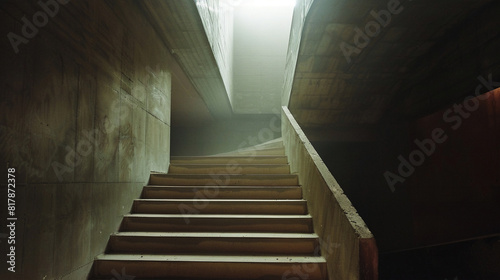 Empty abandoned stairwell illuminated by a soft beam of sunlight. The stark concrete walls and steps create a haunting and mysterious atmosphere, highlighting the solitude and stillness of the space.