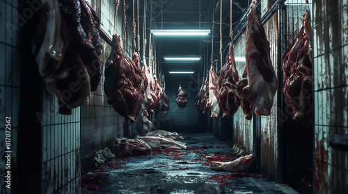 Processed beef carcasses hanging from hooks in storage area of slaughterhouse, Meat industry, Fresh raw meat ready to be shipped to the market