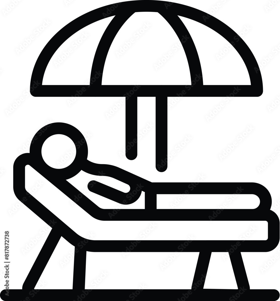 A line icon of a person lying on a lounger under an open umbrella, signifying relaxation A line icon of a person lying on a lounger under an open umbrella, signifying relaxation