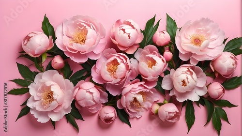 Beautiful peony blossoms set on a pink background form the frame. Summer flowers  copy space  and a flat lay
