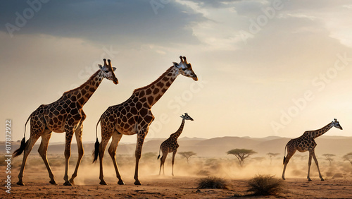 herd of giraffes on a dry background