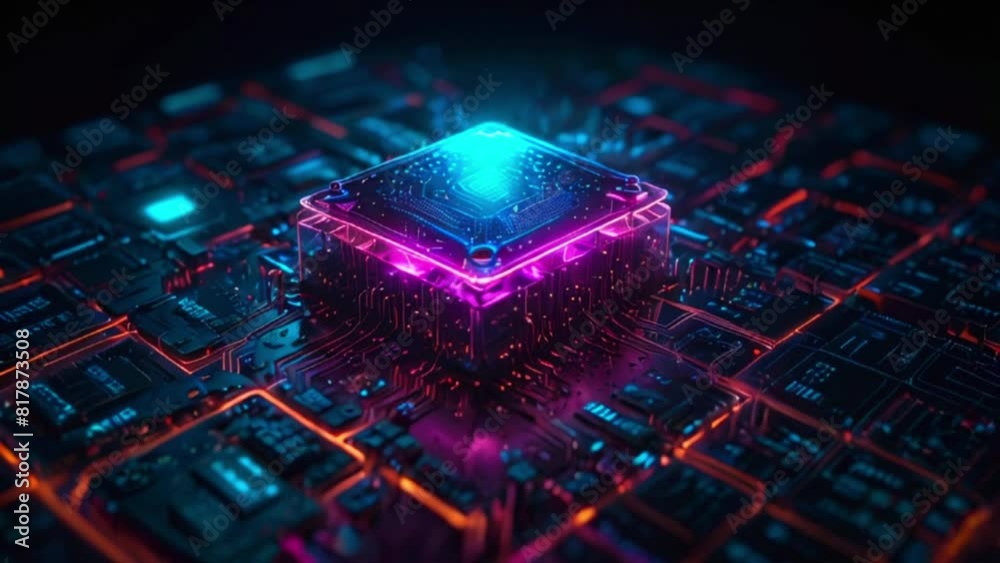 The intricate design of CPUs, microchips, computing processors, and electronic circuit boards, presented in an advanced technology looping video by generative AI.