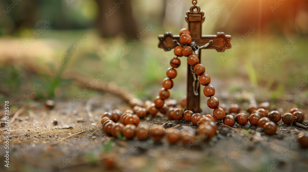 Rosary on ground with blurred background