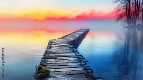 Wooden dock extending out calm lake with beautiful sunset in background photo