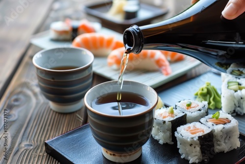 Close-up of sushi and sashimi plates with soy sauce pouring into cups, featuring maki rolls, nigiri, and wasabi on a wooden table.