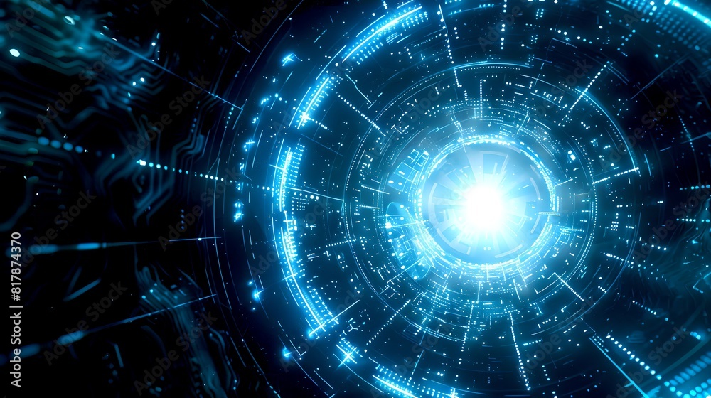 Fototapeta premium Futuristic digital vortex with glowing blue lights. Perfect for tech backgrounds or virtual reality designs. Modern digital art. AI