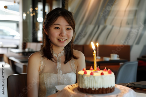 A young asian woman, wearing an elegant dress and smiling at the camera in front of her birthday cake with one lit candle on it. She is sitting comfortably inside a cozy modern caf