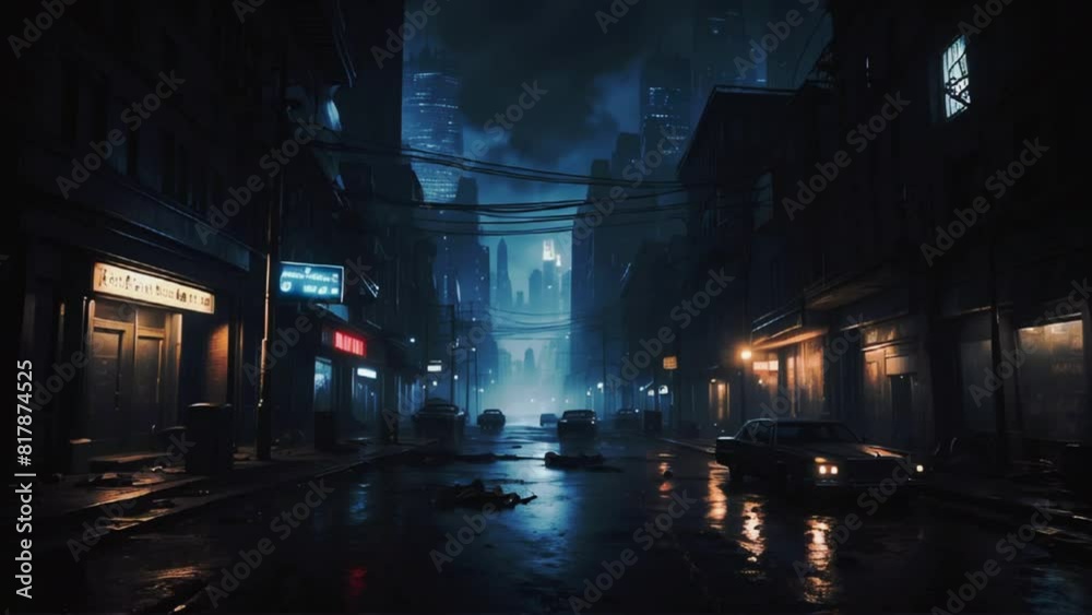 A 4K looping video of a ruined cityscape at night, with cars scattered and buildings collapsed, created by AI A 4K looping video of a ruined cityscape at night, with cars scattered and buildings collapsed, created by AI