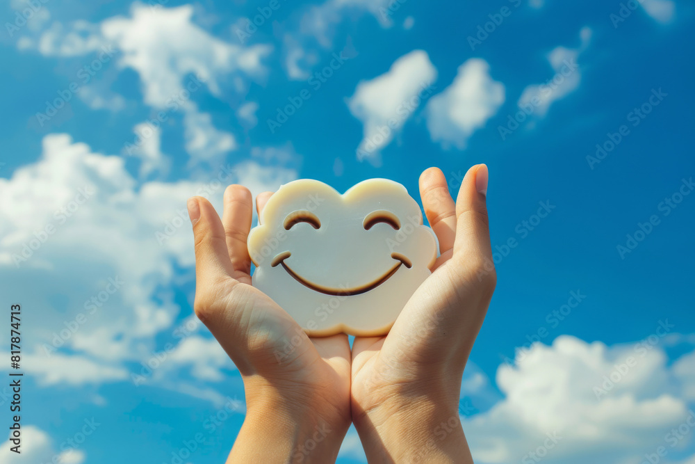 An emotional illustration of a smile emoji model that has a thrilled and happy face is being beared by the hands gently on a sea beach and blue sky background. An emotional illustration of a smile emoji model that has a thrilled and happy face is being beared by the hands gently on a sea beach and blue sky background.