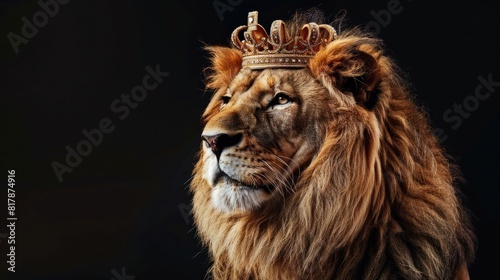 king lion wearing a crown isolated on black background realistic