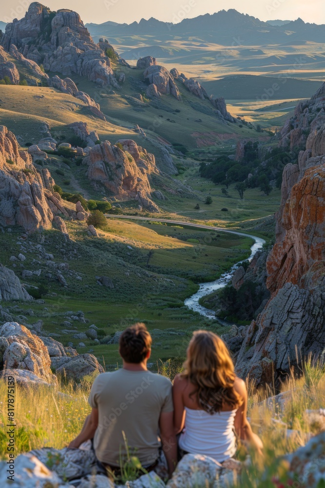Naklejka premium A young couple pauses during their road trip to admire a breathtaking scenic mountain view, sitting together and enjoying the picturesque landscape.