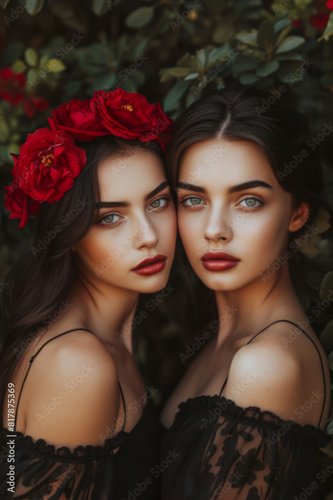 Obraz premium Gemini Astrology Sign Zodiac Theme: Chestnut Twin Ladies with Wreath of Red Flowers Against Foliage Background