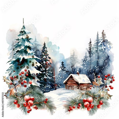 Christmas winter scene with a cabin and trees. The cabin is small and cozy, and the trees are covered in snow. The red berries on the trees add a pop of color to the scene