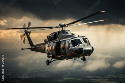 Helicopter flying in the sky. Military escort, patrolling of territories