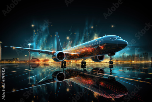 Airplane flying in the night sky. Mixed media. Airplane cargo transportation concept