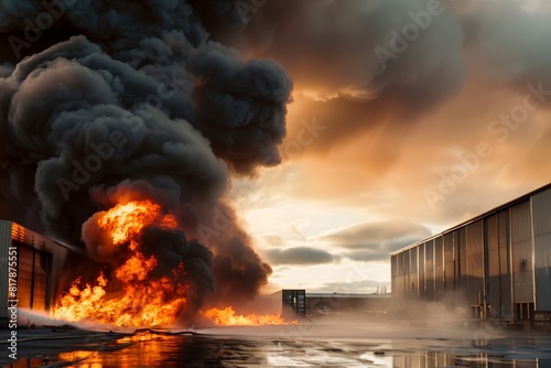 Massive fire engulfs an industrial building with large plumes of black smoke rising into the sky, creating a dramatic scene.