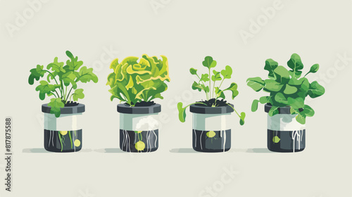 Four of green plants growing in pots with mineral nut photo