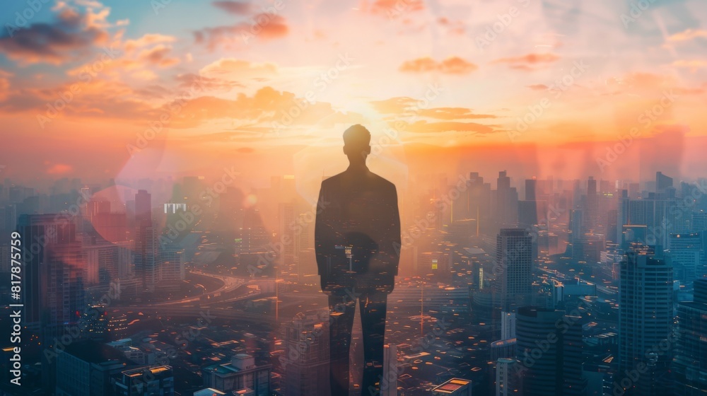 The double exposure image of the business man standing back during sunrise overlay with cityscape image. The concept of modern life, business The double exposure image of the business man standing back during sunrise overlay with cityscape image. The concept of modern life, business