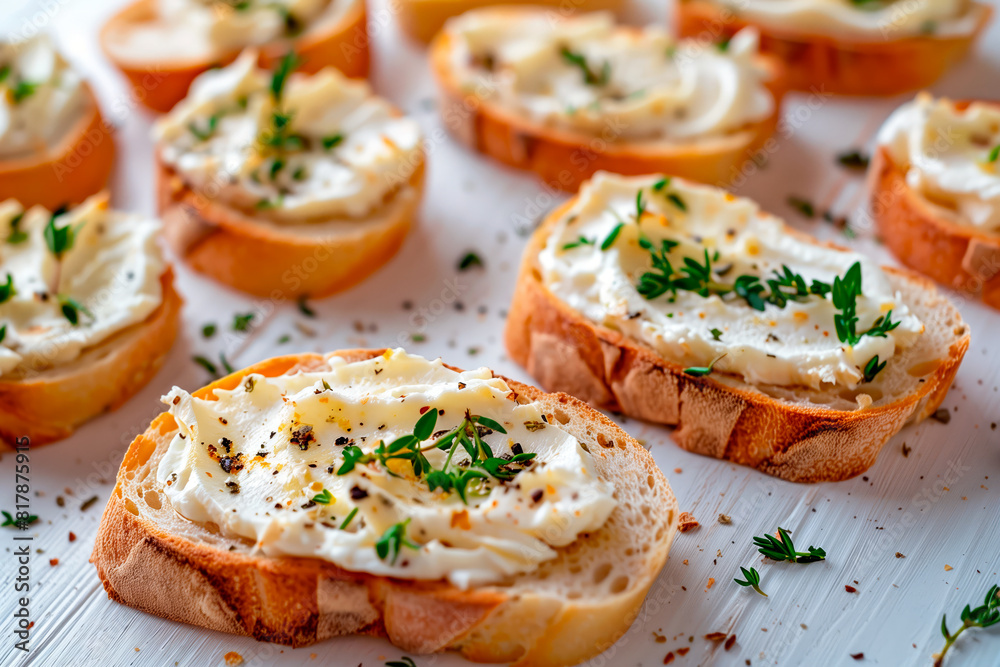 Slices of bread with cream cottage cheese and herbs over bright background.